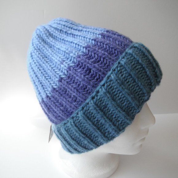 Hand Knitted Hat Toque  Adult Sz - M/S Acrylic Blue/Purple - 010 Hand knit by me - Picture 3 of 8
